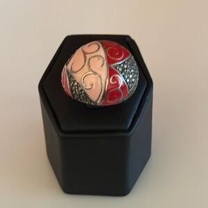Sterling Silver Ring with Red Pink Enamel Marcasite